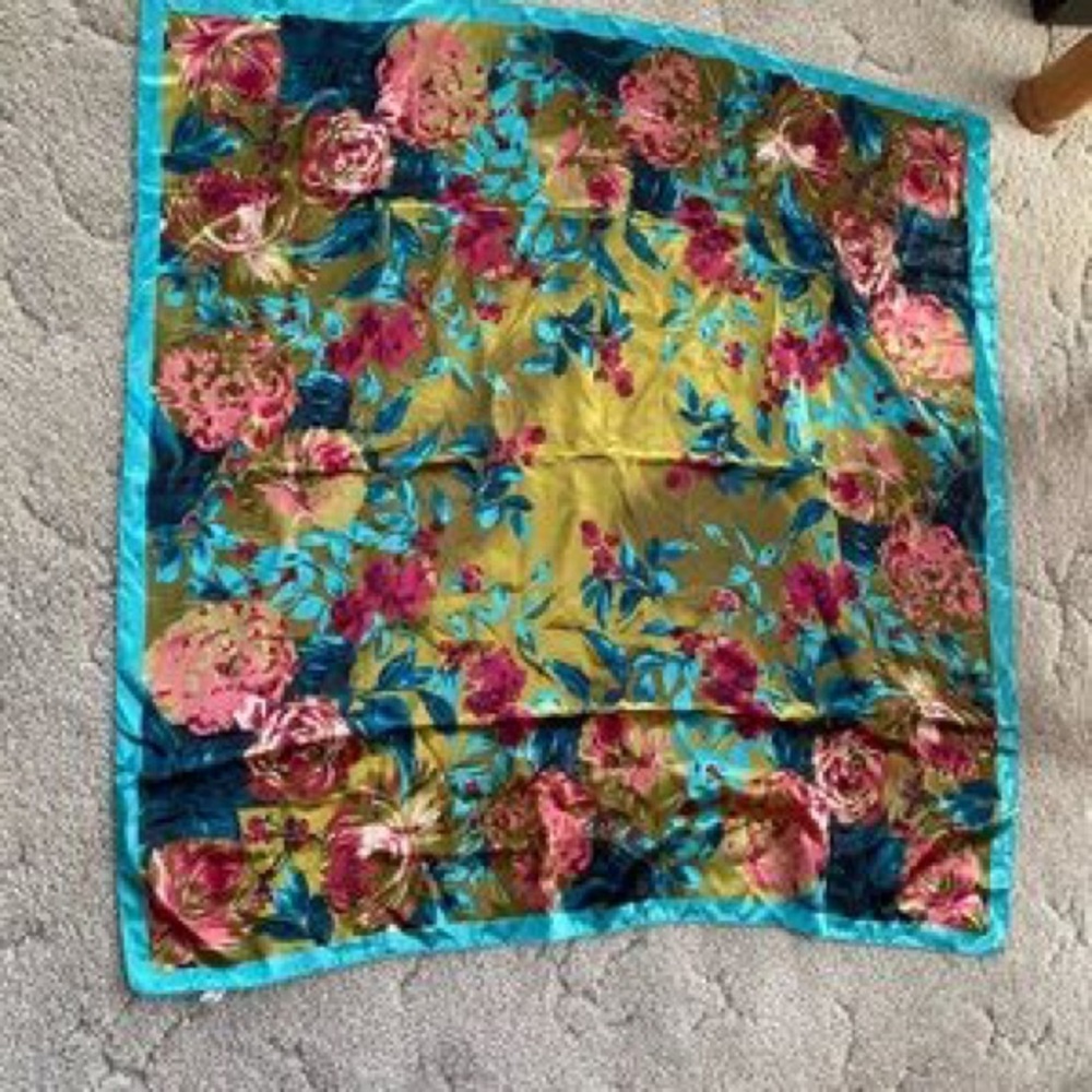 Floral Satin Square Scarf in Turquoise and Gold